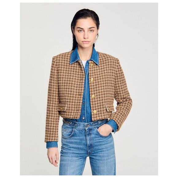 Sandro Princeon Check Wool Blend Crop Suit Blazer Jacket- 40 US 8 Brown